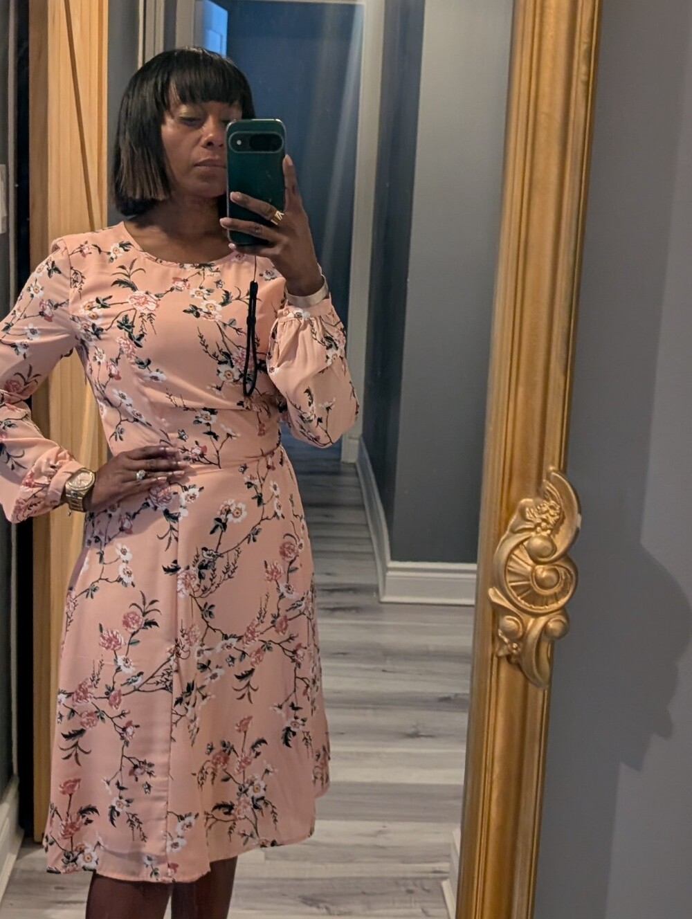 JustFab Blush Pink Floral Long-Sleeve A-Line Dress